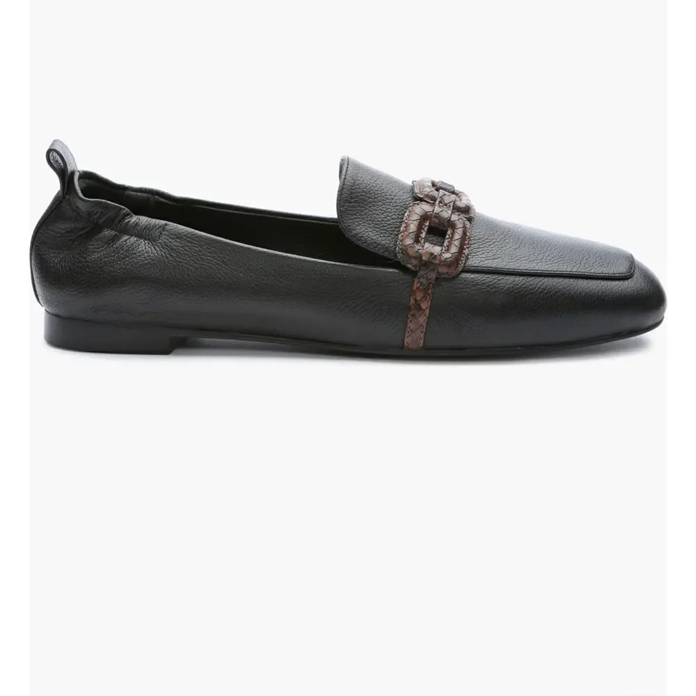 Sanctuary Blast Chain Leather Loafer Flats Sz 6 Black Pebble Brown Snakeskin